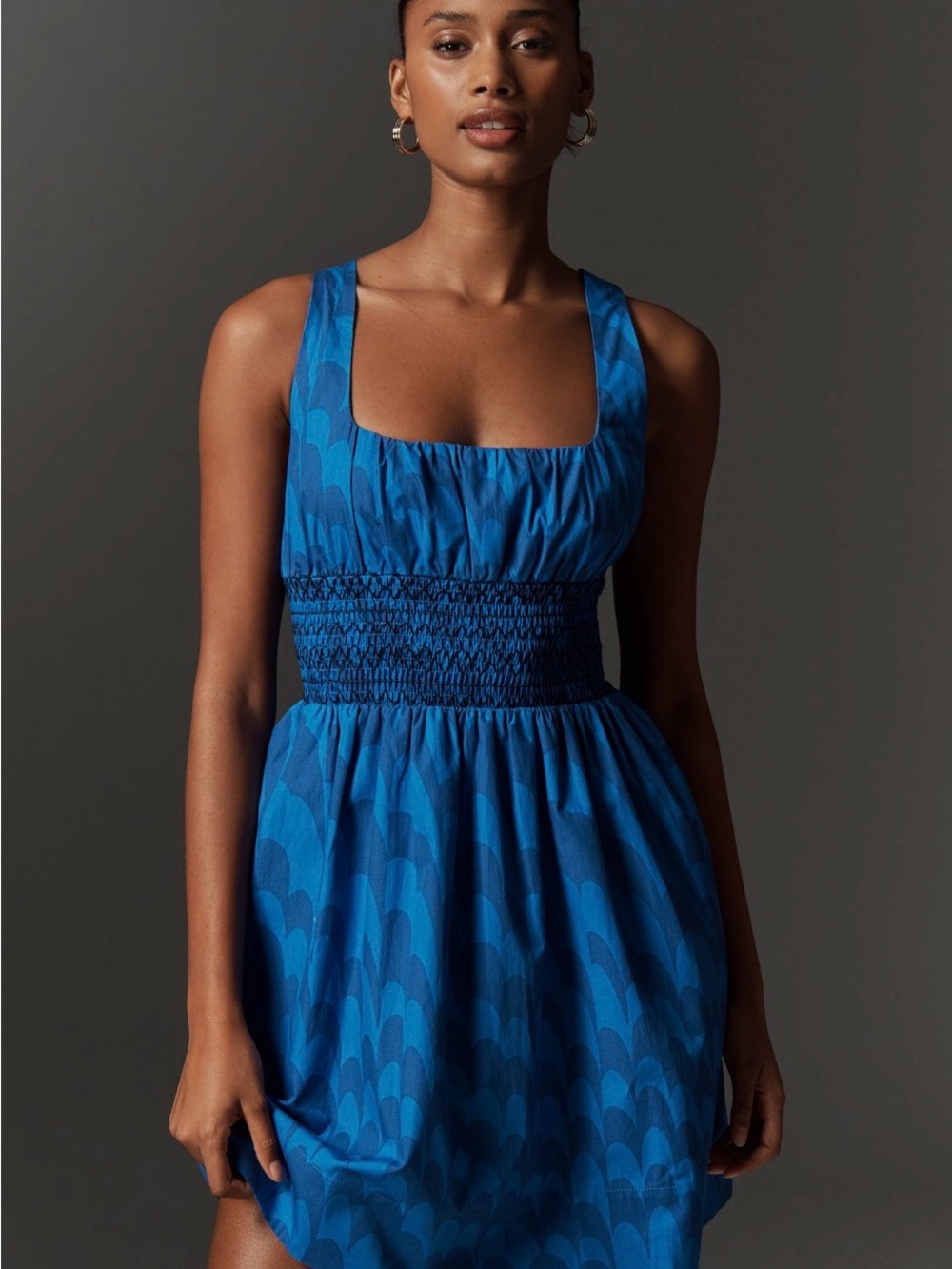 Anthropologie Cobalt Blue Square-Neck Smocked Mini Dress